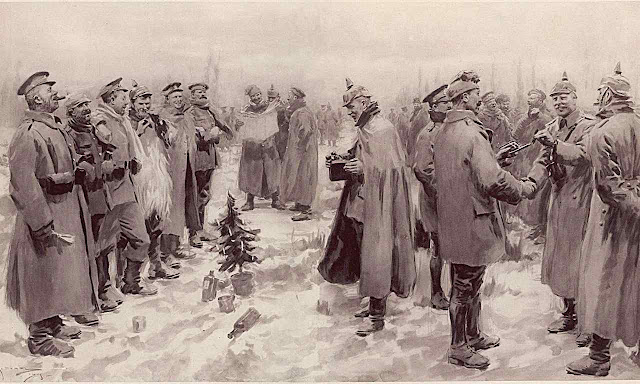 Soldados britânicos e alemães trocam presentes entre as trincheiras, no Natal de 1914. The Illustrated London News, 9-1-1915.