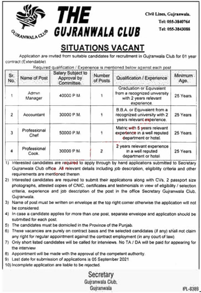  Gujranwala Club Today Latest Jobs 2021 for Admin Manager, Accountant, Professional Cook & Professional Che