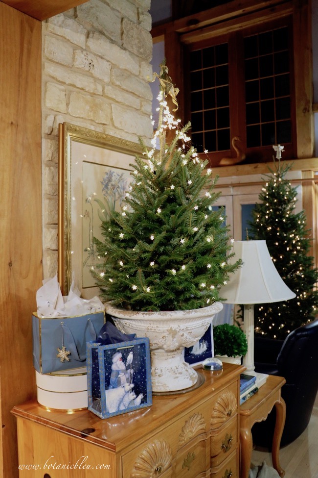 Both the large Christmas tree in the living room and the French Country Tabletop Starry Tree are visible from the kitchen.