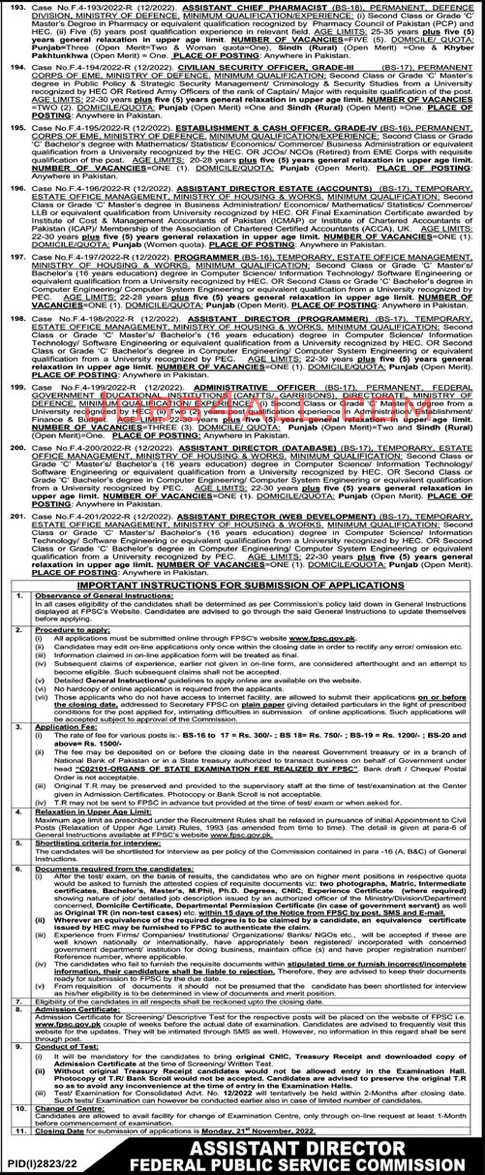 FPSC Jobs 2022 Online apply consolidate Advertisement No. 12/2022