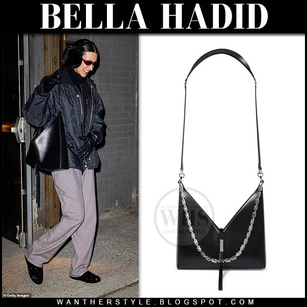 Bella Hadid with black leather shoulder bag from Bvlgari in Rome on October  31 ~ I want her style - What celebrities wore and where to buy it.  Celebrity Style
