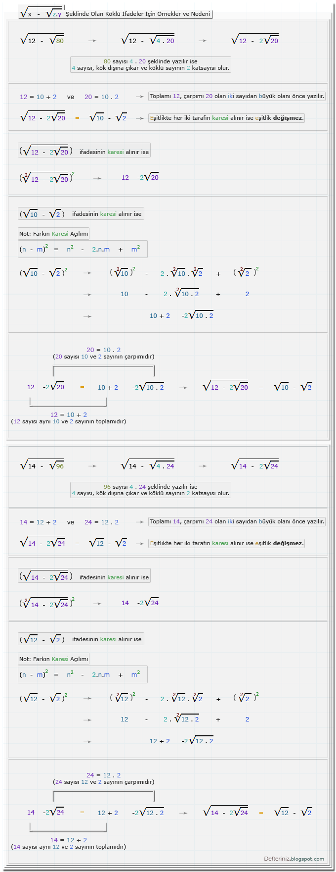 Örnek-33 » √(x - √z.y) şeklinde olan köklü ifadeler ve nedeni ile (√a - √b) şeklinde olan ifadelerin karesi için örnekler.