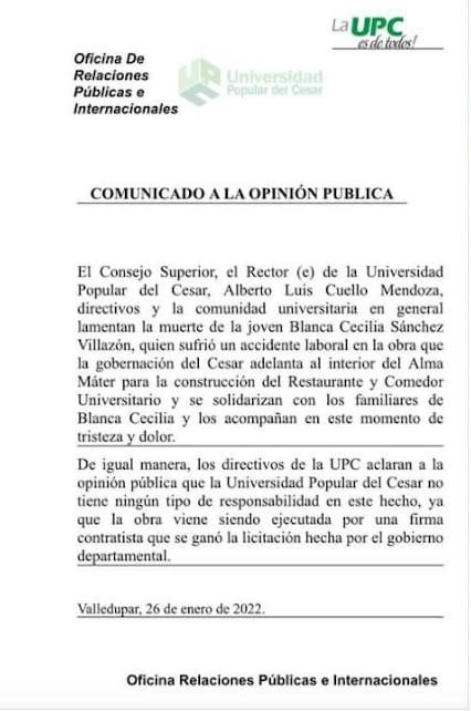 https://www.notasrosas.com/UPC se pronuncia sobre accidente laboral, donde perdió la vida una estudiante practicante de Ingeniería del Área Andina