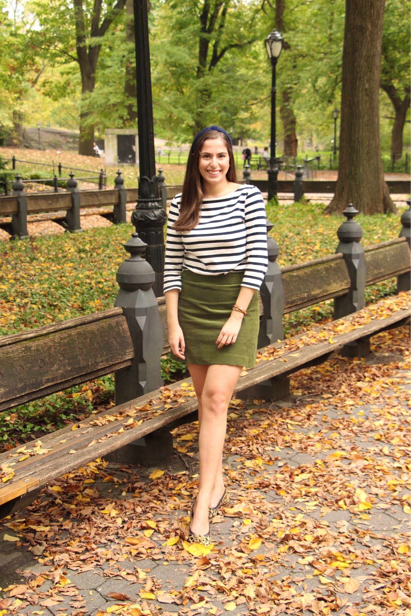 central park, nyc, striped top, corduroy skirt, fall fashion, cheetah top
