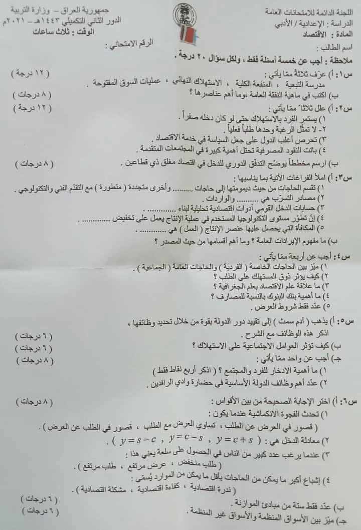 اسئلة الاقتصاد السادس الادبي الدور التكميلي 2021