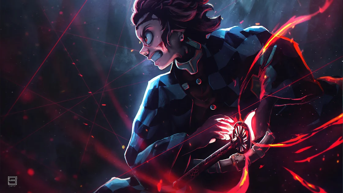 Tanjiro Kamado from Demon Slayer, in a fierce battle stance, with glowing red patterns swirling around, set against a dramatic backdrop, in ultra-high-definition 4K resolution.