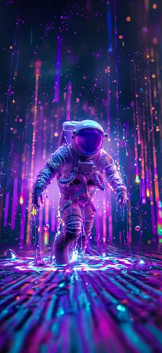 Astronaut with neon lights reflecting on suit and helmet, in a cosmic setting.