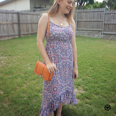 awayfromblue Instagram | jeanswest sophia high low ruffle mandala print maxi dress with coral love bag