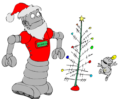 Cartoon: A robot in a Santa Claus costume observes a Christmas tree while a robot child jumps with excitement.