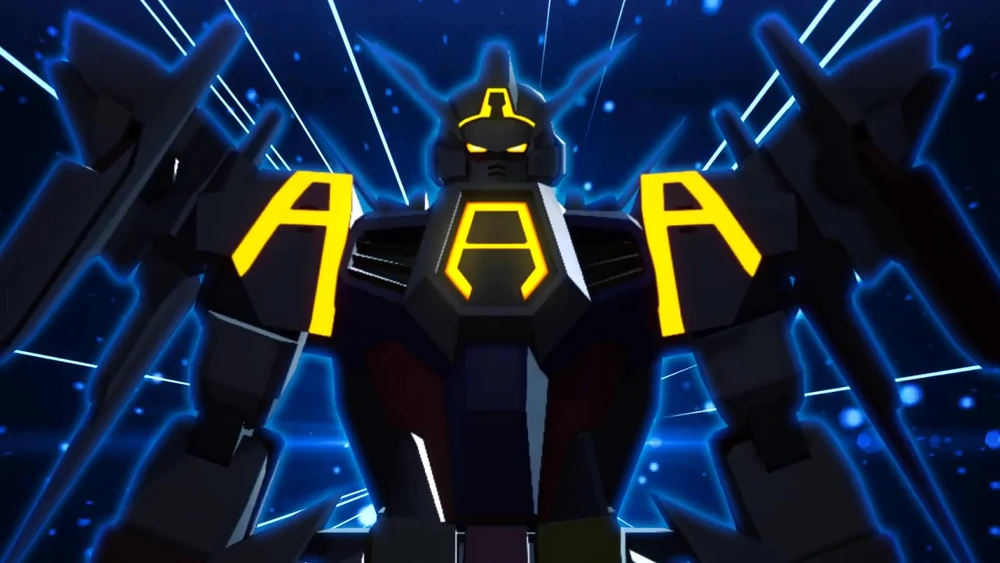 “Imagen de Try Age Gundam, un traje móvil del universo Gundam, con un diseño futurista y armamento avanzado.”