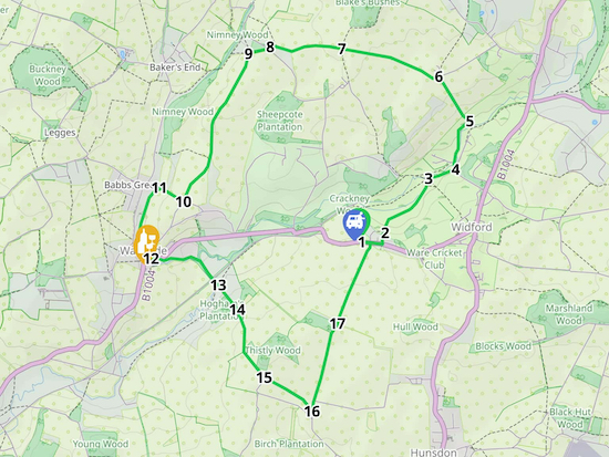 Map for Walk 163: Widfordbury Loop Created on Map Hub by Hertfordshire Walker Elements © Thunderforest © OpenStreetMap contributors There is an interactive map below these directions
