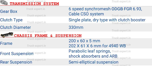 The engine of Ashok leyland Boss 1115HB is coupled with a 6 Speed(6 forward & 1 reverse) synchromesh Transmission system with a single plate dry type clutch with clutch booster, the clutch has a Diameter of 330mm.  The chassis frame Section of Ashok leyland Boss 1115HB is 200 x 60 x 5 mm & 202 x 61 x 6 mm for 4940mm-wheelbase.