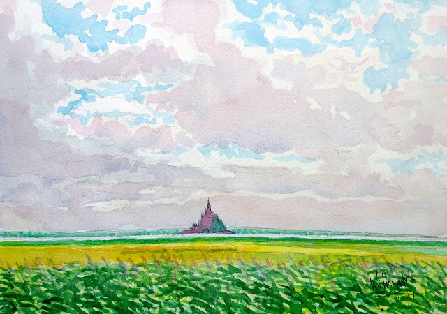 Watercolour of salt meadows, "Le Mont-Saint-Michel depuis le Grand Port Saint Léonard," by William Walkington in 2021