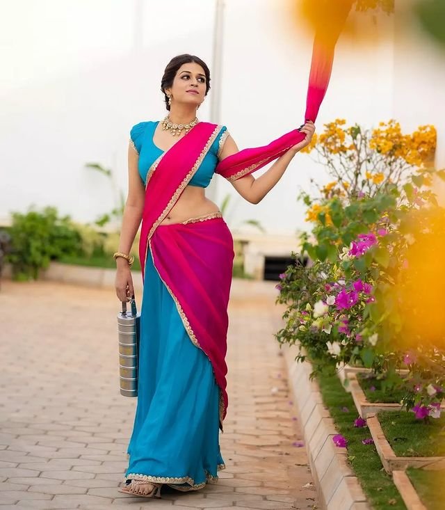 Shraddha Das is A Vision in Bright Blue and Hot Pink Half Saree