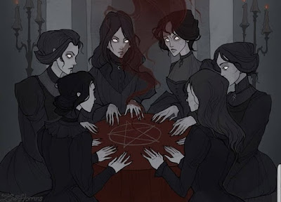 Spooky cartoon of six sister weird around a pentagram