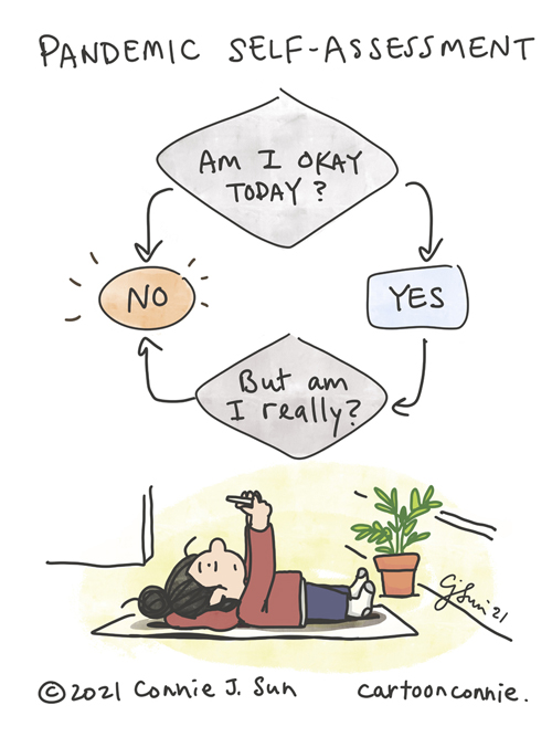 Single-panel comic of a girl with a bun, laying supine on a mat, looking up at her phone. Above her is a simple flowchart that reads "Am I okay today?" Arrows point to yes or no. Yes leads to another question: "But am I really?" which circles back to no. Titled Pandemic Self-Assessment, webcomic illustration by Connie Sun, cartoonconnie