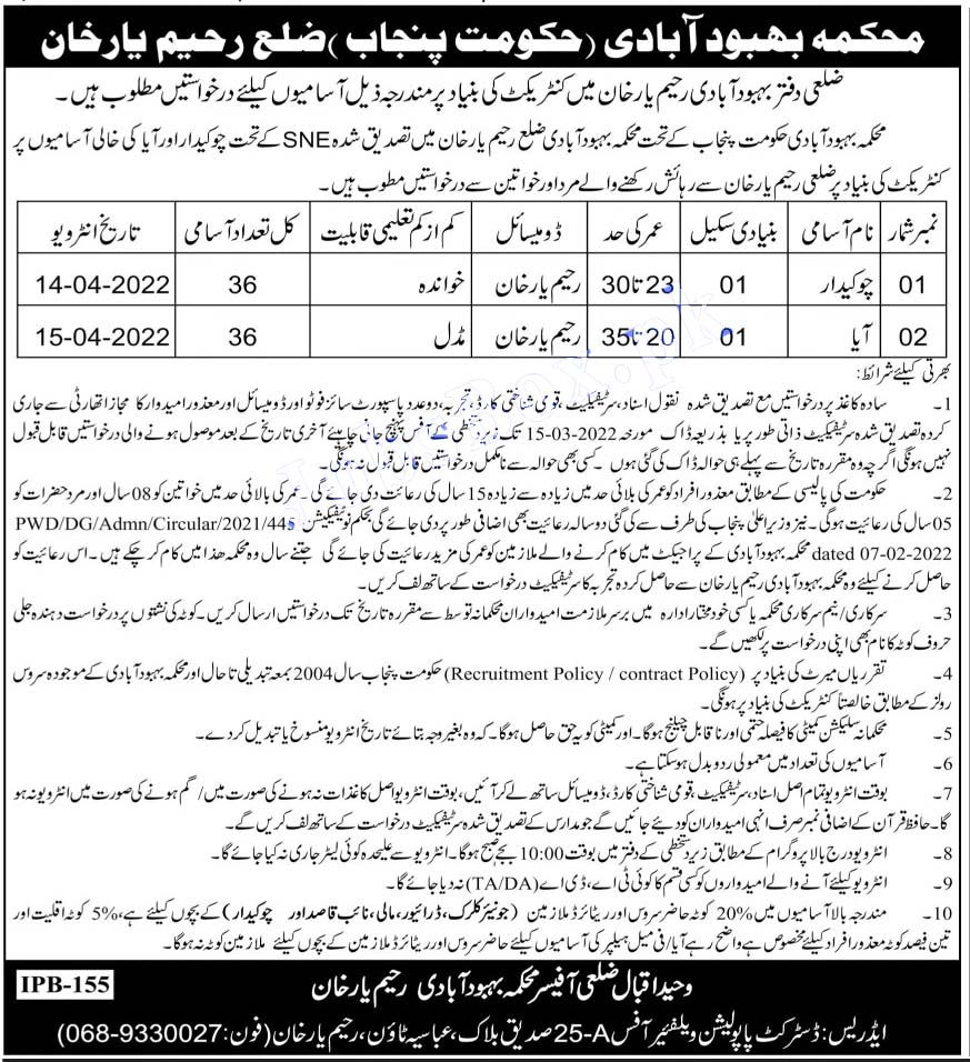 District Population Welfare Department Rahim Yar Khan jobs 2022
