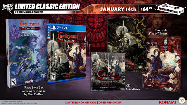 castlevania requiem classic edition ps4 symphony of the night rondo of blood region-free physical disc soundtrack selection reversible poster retro style box tom dubois platformer limited run games konami 35th anniversary