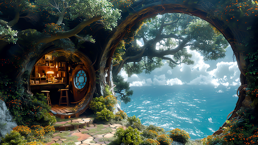 Fantasy treehouse nestled within an ancient tree overlooking a sea of clouds, captured in 4K for a magical PC wallpaper