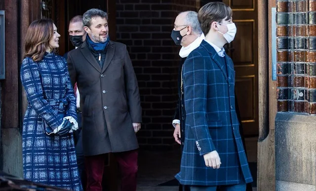 Crown Princess Mary wore a new check wrap coat by Hobbs. Princess Isabella wore a new purple wool belted coat by Mackage