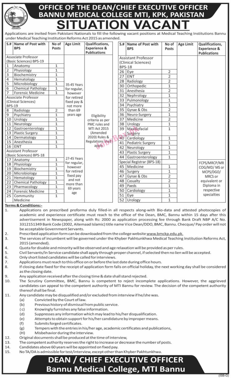 Bannu Medical College Jobs 2021 – Medical Teaching Institution Jobs
