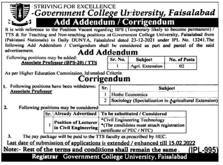 Government College University Faisalabad GCUF Jobs 2022