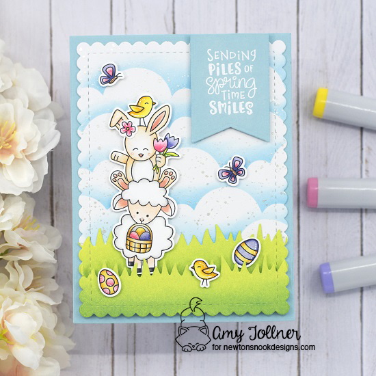 Sending piles of spring time smiles by Amy features Spring Pile Up stamp and die set, Newton's Easter Basket stamp and die set,  Bitty Bunnies stamp and die set (butterflies), and  Frames & Flags die set by Newton's Nook Designs; #inkypaws, #newtonsnook, #eastercard, #cardmaking