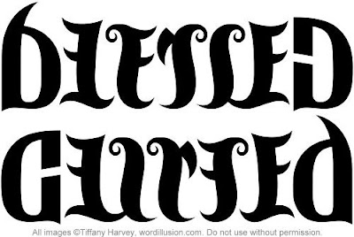 ID: a calligraphy-styled ambigram shows blessed and cursed as their own ambigrams of each other.