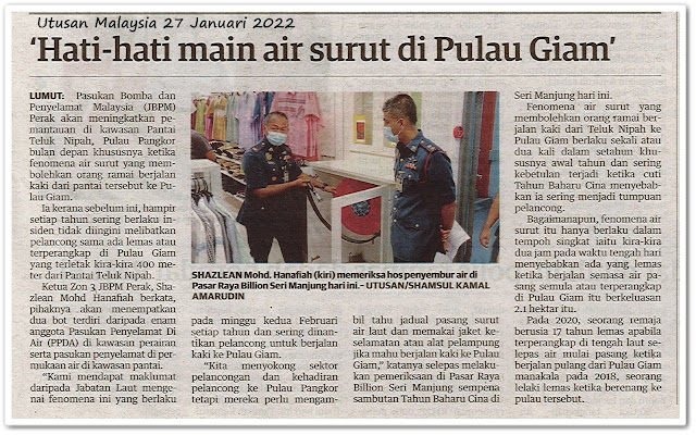 'Hati-hati main air surut di Pulau Giam' - Keratan akhbar Utusan Malaysia 27 Januari 2022