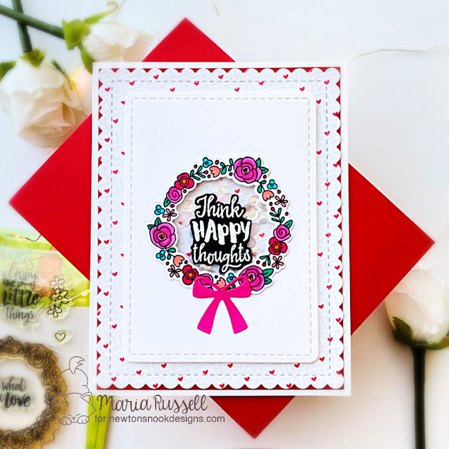 Happy Thoughts Shaker Card by Maria Russell | Happy Little Thoughts Stamp Set, Frames & Flags Die Set, Baby Bibs Die Set and Love & Meows Paper Pad by Newton's Nook Designs #newtonsnook