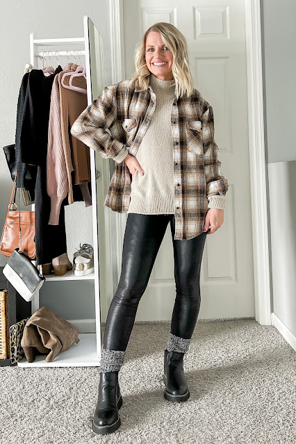 Styling a shacket with faux leather leggings and Chelsea boots