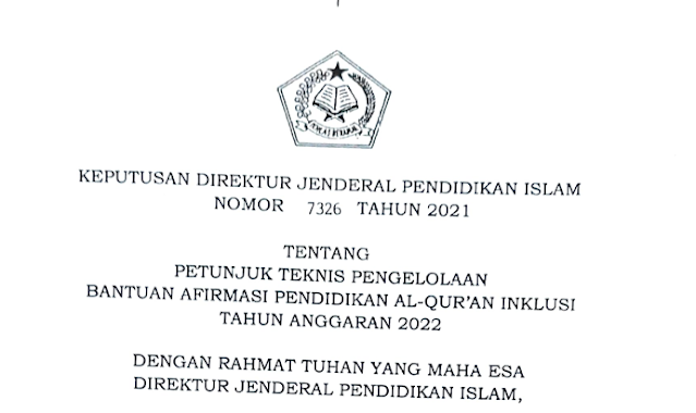 PETUNJUK TEKNIS PENGELOLAAN BANTUAN AFIRMASI PENDIDIKAN AL-QUR'AN INKLUSI TAHUN ANGGARAN 2022 - INTEL MADRASAH