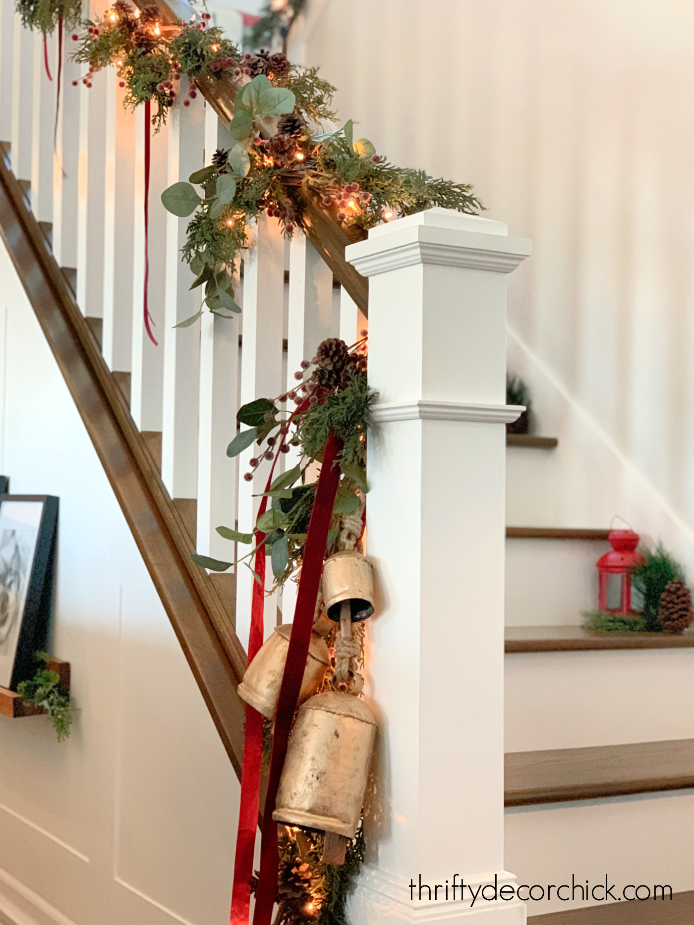 ribbon and bells on stair garland
