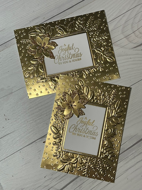 Gold Foil Christmas Cards using Stampin' Up! Merriest Moments Stamp Set, Embossing folder and dies bundle