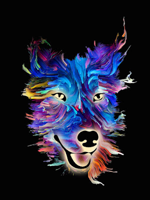 Image shows a dog's head, painted in bright primary colors on a black background.