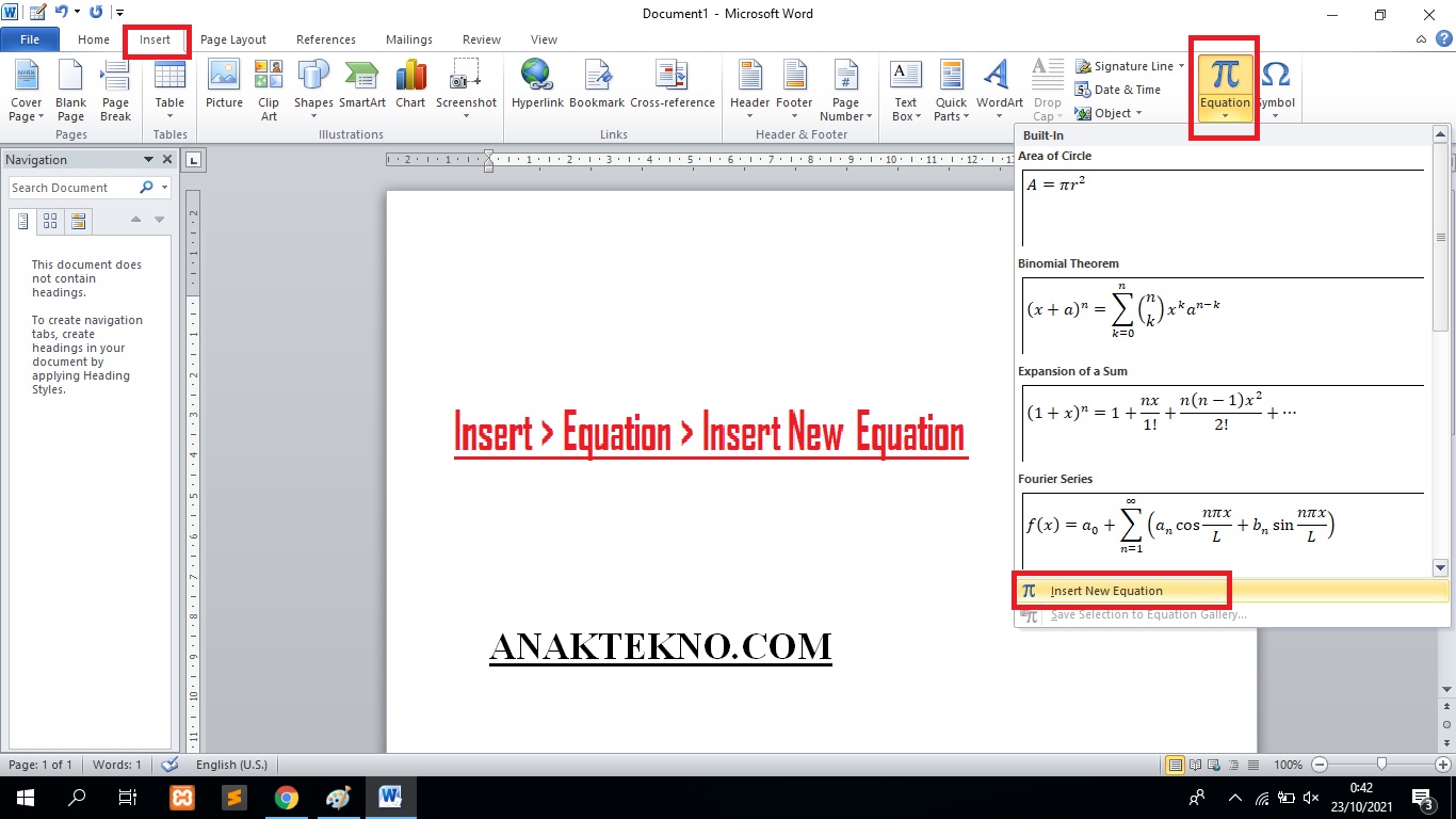 Insert New Equation di Word