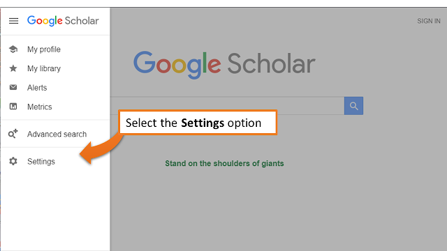 google scholar menu options drop-down on the left-hand-side; settings is at the bottom