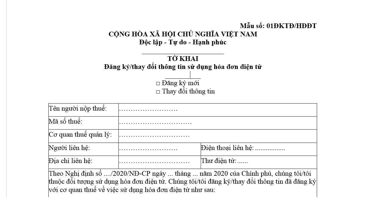 Mẫu tờ khai theo mẫu số 01/ĐKĐT-HĐĐT