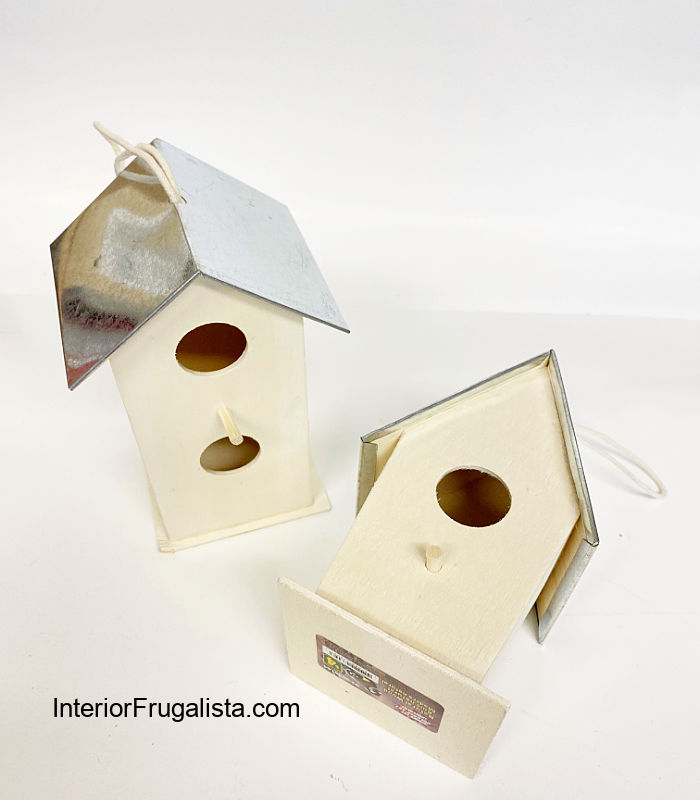 How to turn dollar store bird houses into adorable wood Scandi houses with DIY galvanized roofs for an easy five minute Christmas table centerpiece.
