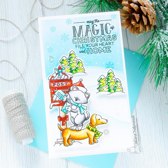 Holiday Mailbox Card with cat and dog by Tatiana Trafimovich | Holidiay Post Stamp Set, Holiday Home Stamp Set, and Land Borders Die Set by Newton's Nook Designs #newtonsnook #handmade