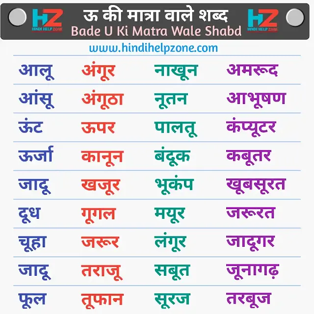 250+ बड़े 'ऊ' की मात्रा के शब्द - U Ki Matra Wale Shabd