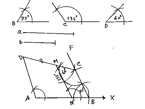 বিশেষ নির্বচনঃ মনে করি একটি টেবিলের দৈর্ঘ্য AB ও টেবিলের প্রস্থ BC  এবং ∠B=75°, ∠C=135°  ও ∠D=60° কোণ দেওয়া আছে চতুর্ভুজটি আঁকতে হবে