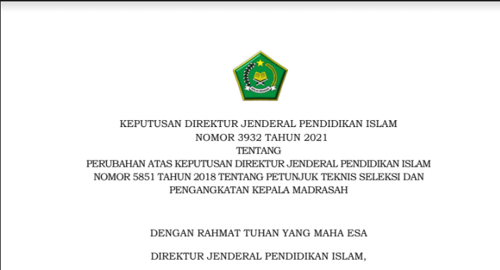 Download Keputusan Direktur Jenderal Pendidikan Islam Nomor 3932 Tahun 2021 tentang Petunjuk Teknis Seleksi dan Pengangkatan Kepala Madrasah
