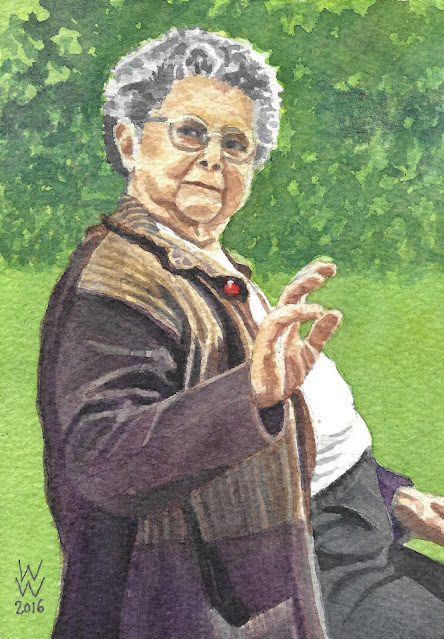 Watercolour of an elderly woman seated in a garden and waving at the viewer, "Jacqueline," by William Walkington in 2016