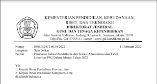 Download Surat Edaran Perubahan Jadwal Pendaftaran PPG Dalam Jabatan 2022