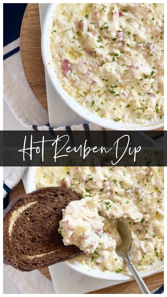 Collage of Hot Reuben Dip and rye toasts on platter.