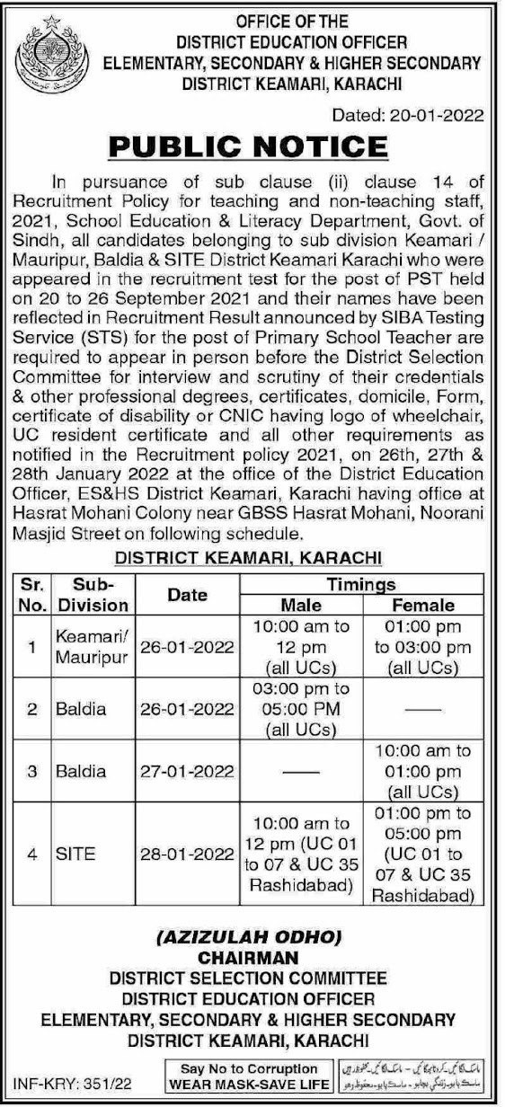 Elementary Secondary & Higher Secondary Education Department Sindh Jobs 2022 Latest