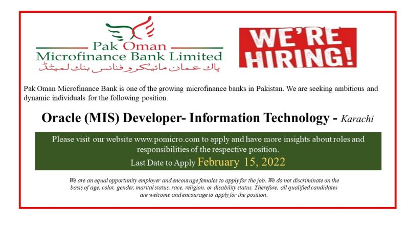 Pak Oman Microfinance Bank Limited Bank Jobs Oracle MIS Developer