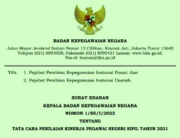 Surat Edaran Kepala BKN Nomor 1 Tahun 2022 Tentang Tata Cara Penilaian Kinerja PNS Tahun 2021