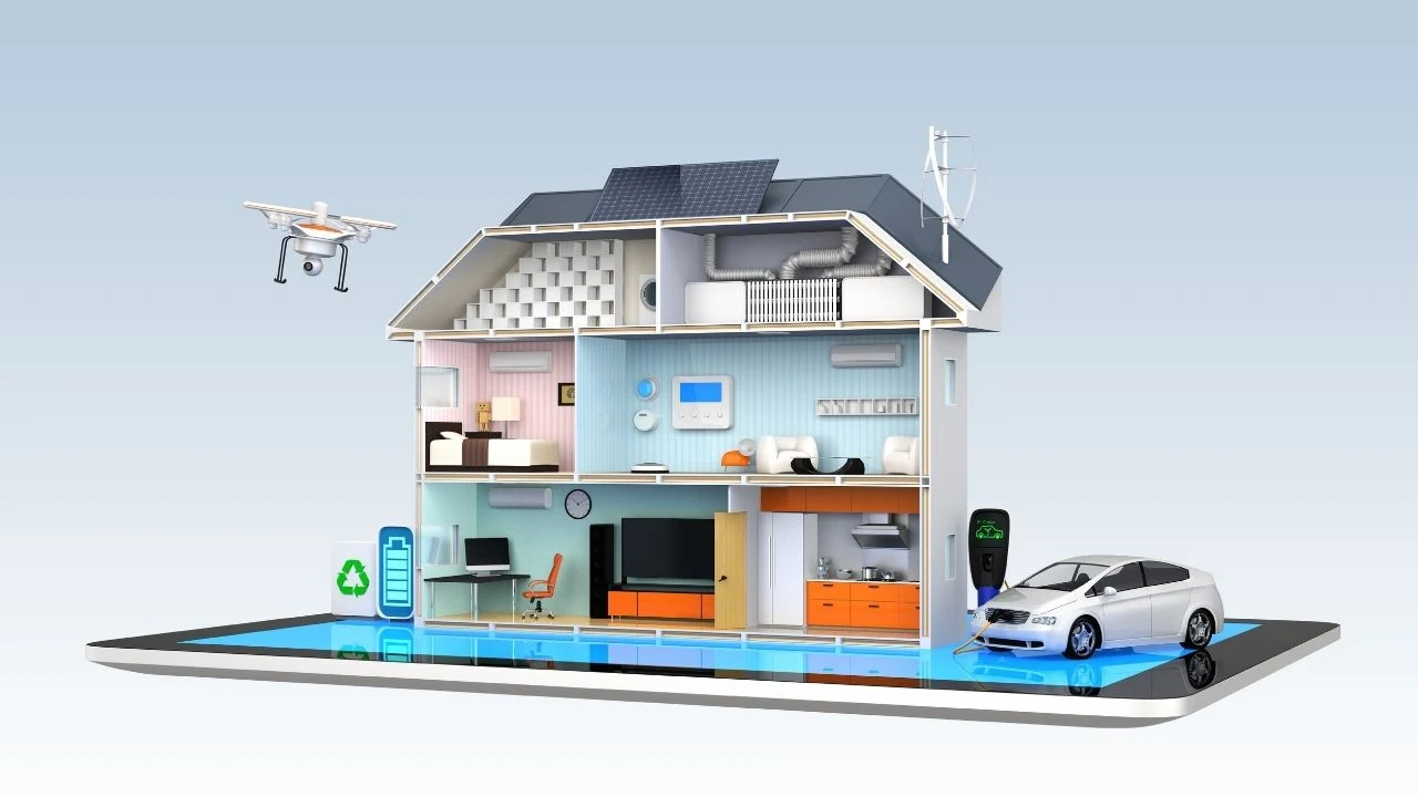 Smart house with energy efficient appliances, monitoring by table PC.